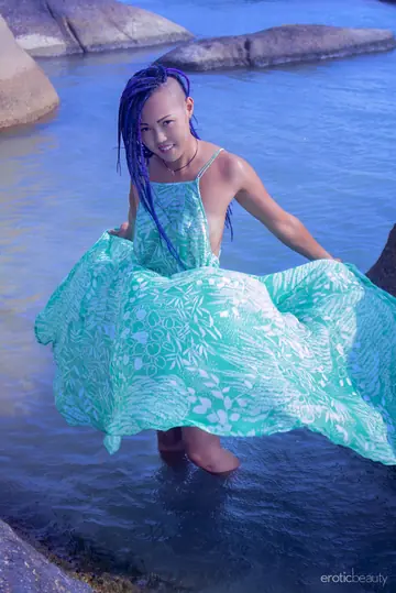 Sweet Julie – Thick Asian Brunette Strips Her Wet Dress on the Beach