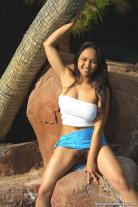 Asian Brunette with Big Tits Spreads Poolside – photo 2 of 21