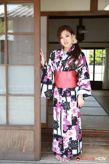 Japanese Brunette Undoes Her Kimono and Poses in Panties