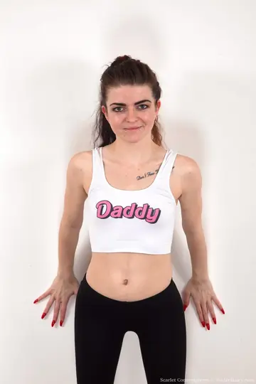 Scarlet Contemptress – Slim British Brunette Pulls Down Her Yoga Pants and Spreads Her Hairy Pussy