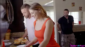 Whitney Wright – Brunette in a Skirt Takes a Creampie in a Kitchen Threesome
