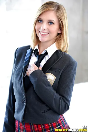 Kelly Greene – Blonde in Uniform Lifts Her Skirt and Spreads Her Shaved Pussy