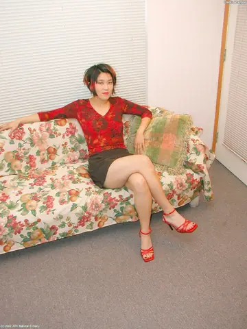 Asian Redhead Spreads Her Hairy Pussy in Heels