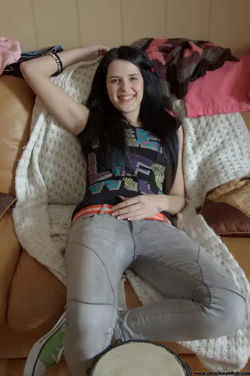 Skinny Brunette in Jeans and Socks Fucks Her Partner