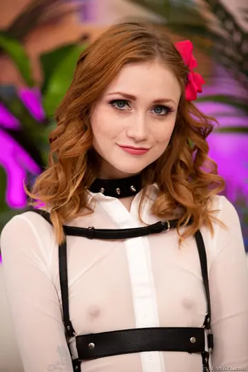 Scarlet Skies – Curly Redhead in Stockings Gets Fucked and Takes Cum on Her Stomach