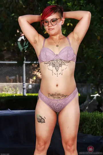 Gemma Naya – Tattooed Asian Woman Spreads Her Hairy Pussy Outdoors in Panties