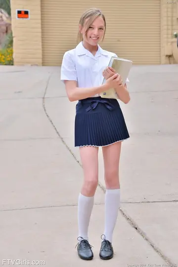 Aubrey Star – Skinny Blonde in a Skirt and Socks Spreads Her Pussy