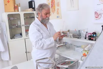 Brunette Strips Out of Her Uniform and Gets Fucked by Older Doctor