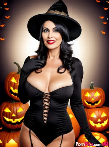 AI-Generated Curly Babe Teases Her Big Tits for Halloween