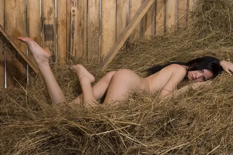 Skinny Brunette Strips Out of Her Pink Dress in the Hay – photo 14 of 21