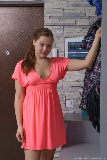 Busty Russian Brunette Strips Out of Her Dress and Fingers Her Hairy Pussy