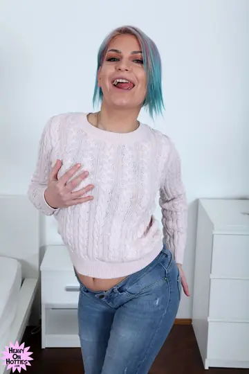 European Brunette in High Heels Strips Off Her Jeans and Spreads Her Ass