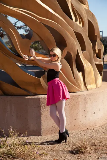 Mindy Corin – Petite Blonde in Glasses Flashes Panties and Stockings Outdoors