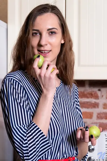 Milana M – Russian Brunette Bares All in the Kitchen and Fingers Her Pussy