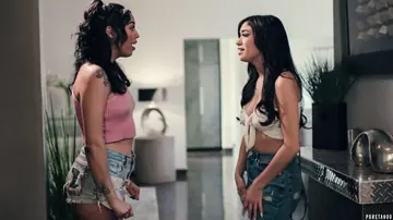 Busty Latina in Jeans and Shorts Takes Two Men for a Cumshot