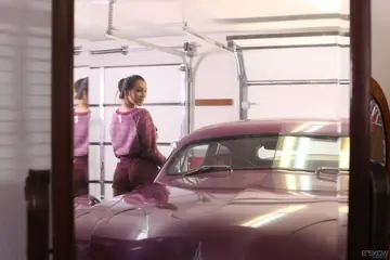 Holly Michaels – Thick Brunette MILF Shows Her Big Tits in Shorts by Vintage Car