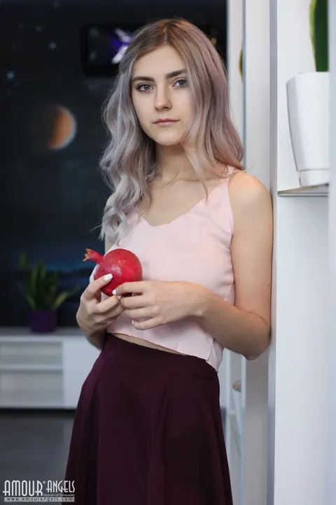 Eva Elfie: Blonde in Pink Socks Strips and Shows Her Big Natural Tits – photo 1 of 20