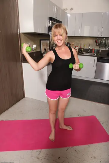 Busty Petite Blonde Shows Hairy Armpits and Pussy on the Kitchen Yoga Mat