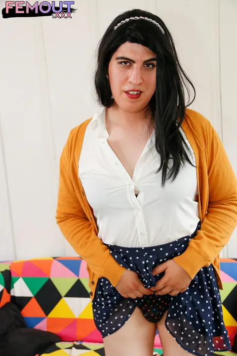 Chubby Brunette Trans Woman Strips and Cums – photo 3 of 16