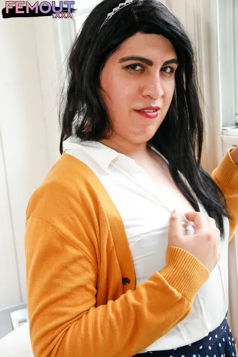 Chubby Brunette Trans Woman Strips and Cums – photo 1 of 16