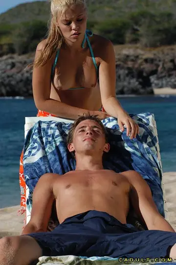 Blonde in a Bikini Sucks, Rides and Takes It Doggy on the Beach