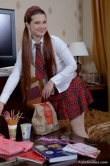 European Brunette in Pigtails Takes Anal Doggy in Uniform