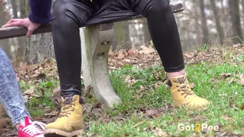 Chrissy Fox: Brunette and Redhead Squat to Pee in Jeans Near Park Bench – photo 12 of 15