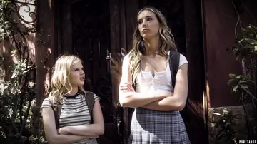 Haley Reed – Tall Blonde in a Skirt Licks Pussy Before Anal Threesome