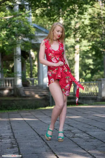 Helene Trobec – Busty Blonde in a Skirt and Heels Spreads Her Trimmed Pussy Outdoors