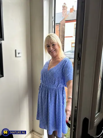 Mature British Blonde in Stockings and Heels Strips and Fingers Herself