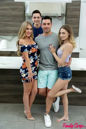 Kyler Quinn – Busty Blonde and Small-Titted Brunette in Skirts Have Group Sex in the Bedroom