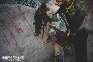 Thick Tattooed Woman with Pigtails Sucks and Gets Licked by the Pool