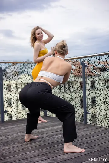 Casey Nohrman – Blonde Lesbians Strip, Kiss and Finger on a Chair