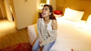Hairy Asian Babe in Jeans and Glasses Takes a Creampie