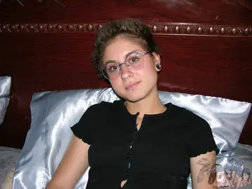 Short-Haired Hairy Babe in Panties and Glasses Gives POV Blowjob