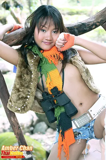 Amber Chan – Slim Thai Brunette Strips Out of Her Shorts and Spreads Outdoors