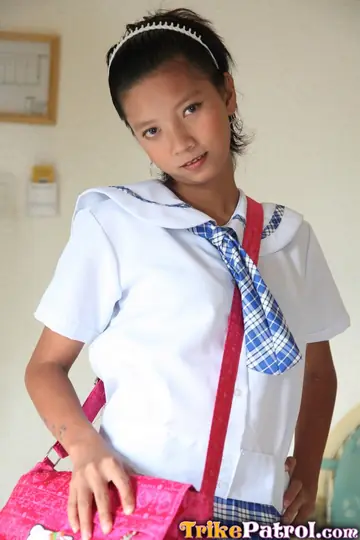 Asian Woman in Uniform Slides Panties Aside with Socks On