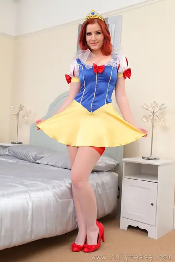 Pale Redhead in Snow White Costume and Lingerie Spreads Her Pussy