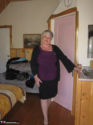 PAWG in Stockings and Skirt Shows Crotchless Panties