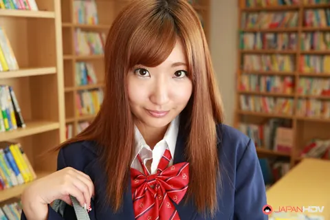 Thick Japanese Redhead Flashes Her Tits and Panties in Library – photo 2 of 15