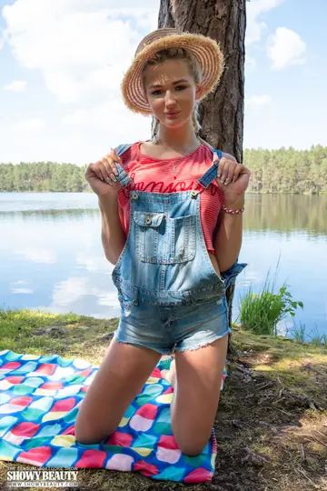 PAWG Strips Out of Her Lingerie and Shorts on a River Blanket