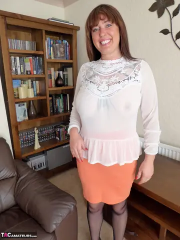 Brunette British MILF Shows Her Natural Tits and Spreads in the Office