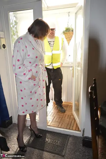 Blonde British MILF Sucks and Fucks in Stockings and Skirt