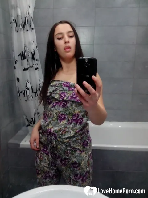 Curvy Brunette with Big Tits Strips in the Bathroom Mirror – photo 3 of 16