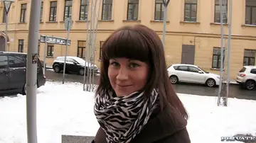 Russian Brunette Rides Outdoors After a Handjob
