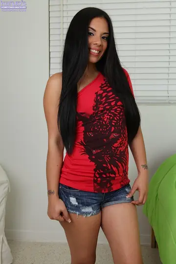 Coco Valentina – Latina Brunette Strips Out of Her Jeans Shorts and Fingers Her Pussy