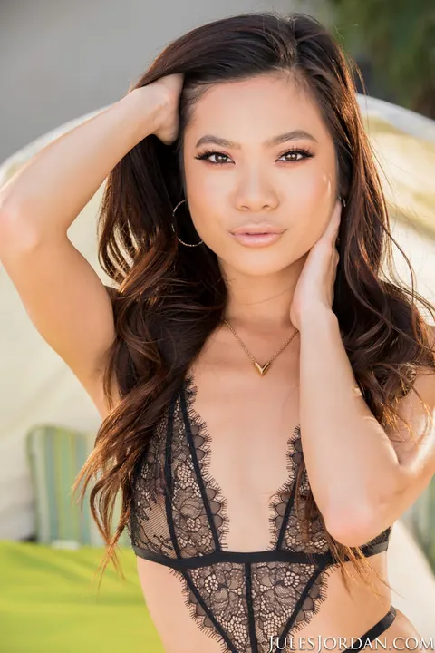 Vina Sky: Petite Asian Brunette in Lingerie Kisses Partner on the Garden Patio – photo 2 of 15