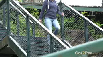 Thick MILF with Big Tits Spreads Her Hairy Pussy Outdoors in Jeans