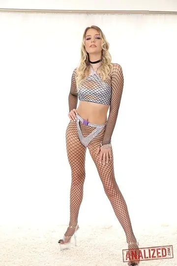 Kenna James – Tall Curly Blonde Poses in Fishnets and Shows Her Big Ass