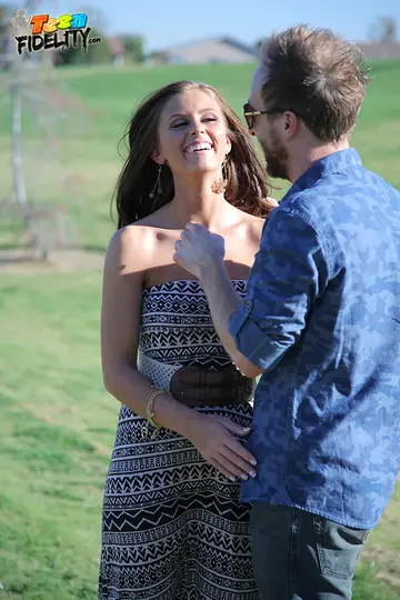 Slim Brunette with Big Tits Sucks Cock and Takes a Facial Outdoors